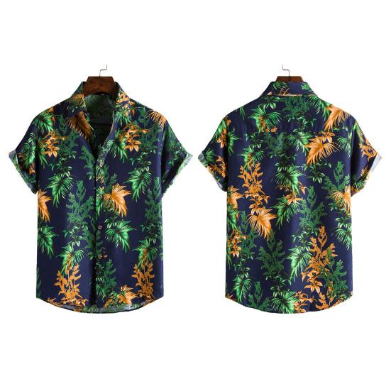 Turn-down Collar Short Sleeve Men Shirt Buttons Down Summer Coconut Tree Print Hawaiian Shirt for Travel