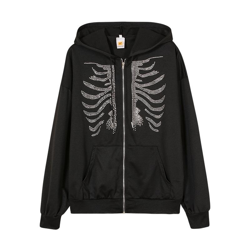 Autumn and Winter Zipper Gothic Black Hoodie Women's Rhinestone Skull Casual Oversized Sweater Punk Harajuku Longsleeved Jacket Women's Jacket Sweater