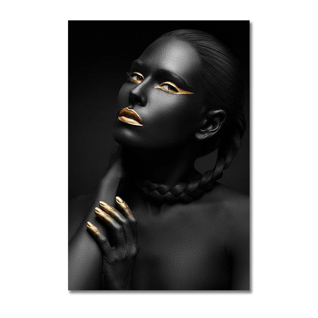 Scandinavian Poster African Art Black and Gold Female Oil Painting Interior Decoration Cuadros Modern Wall