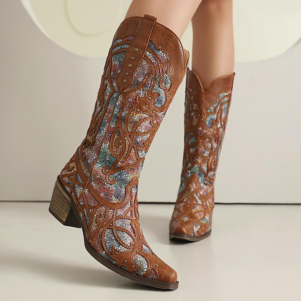 Cowboy Retro Western Boots Women's Hollow Out Mid Calf Boots Cowgirls Handmade Sewing Rivets Decor Heels Shoes