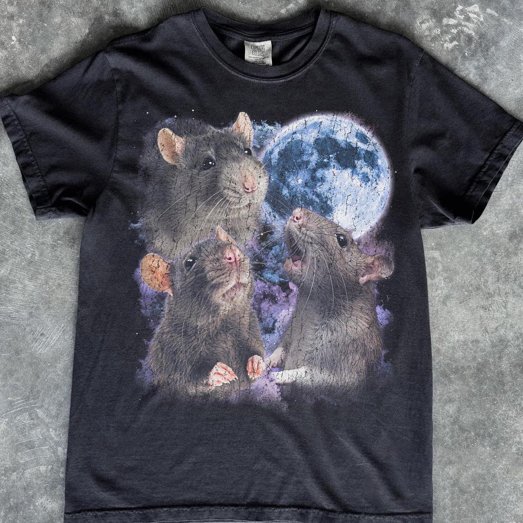 Three Rats Howling at Moon T-Shirt, Celestial Rodent, Starry Night Sky Animal Top