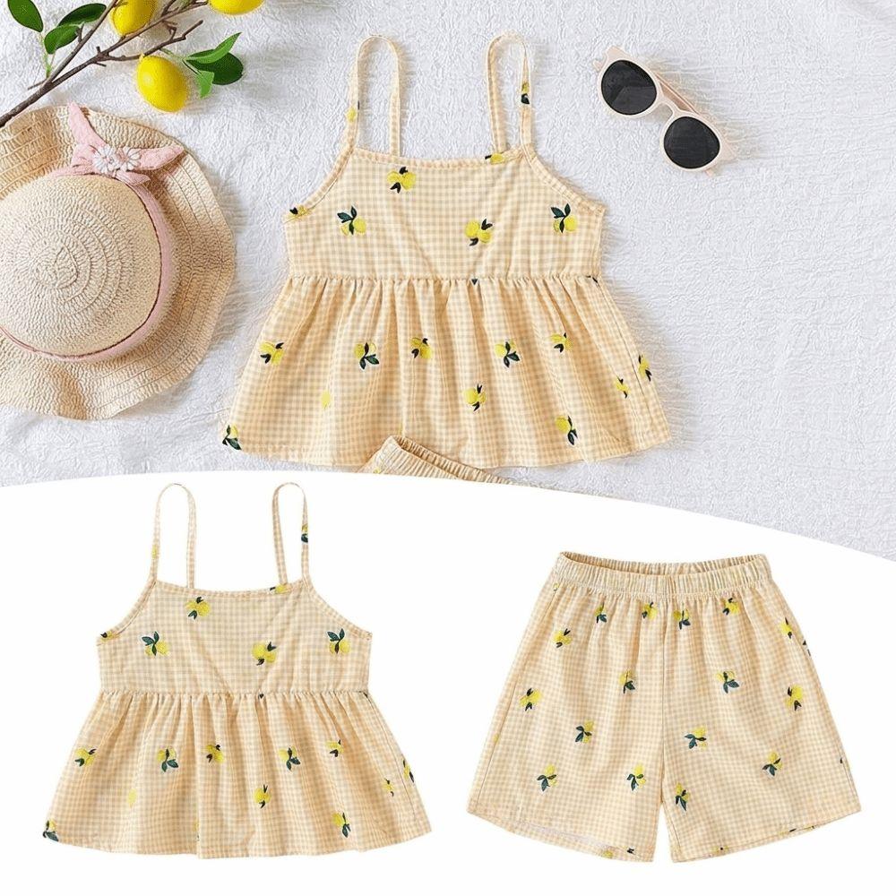 Sleeveless Camisole Shorts Set Spaghetti Straps Gingham Outfit Girls Two Piece Set Outdoor Play