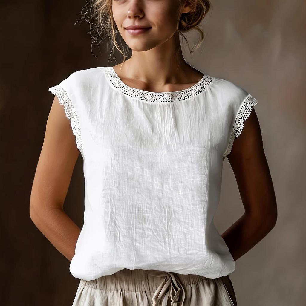 Женская ретро свободная льняная рубашка без рукавов с кружевной аппликацией 2026
