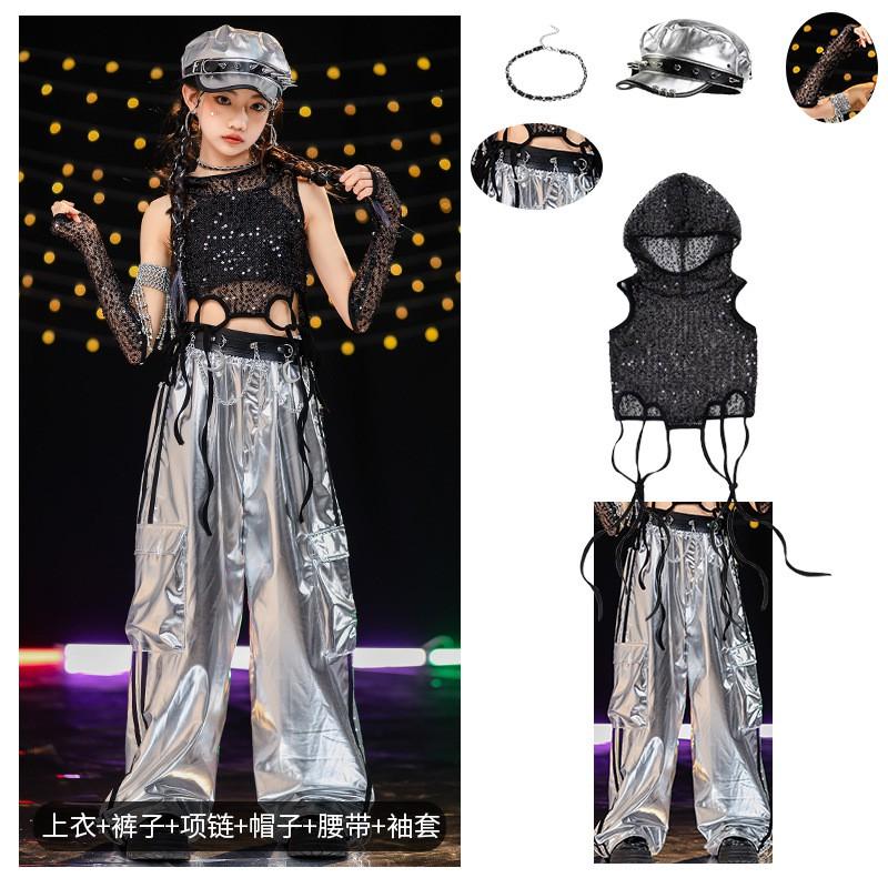 Girls Jazz Dance Costume Set Kids Hip Hop Performance Outfit Sequined Pants Top