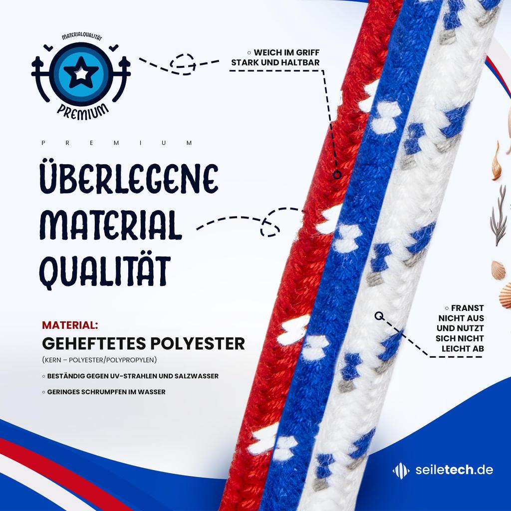 Polyesterseil | 10mm | 20m | Rot mit Weiss Flecken | Schotseil | Kordel | 16-Fach geflochten | gutter Griff