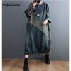 Plus Size Autumn Spring Women Korean Denim Loose Dress O Neck Contrast Color Oversized Tassel Retro Dress Vintage Baggy Midi Lady's Dress