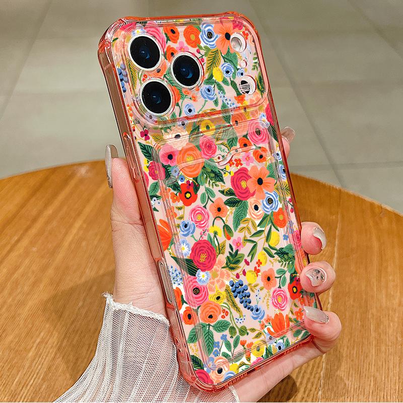 Красочный Цветочный Чехол Для iPhone 17 Pro Max Прозрачный ТПУ Слот Для Карты Задняя Крышка Для iPhone 16 15 14 13 Pro Max 17E