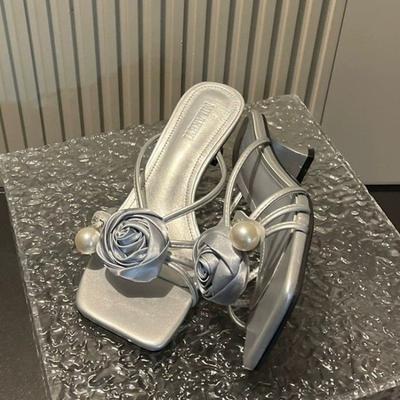 Туфли Женские Тапочки Уличные Тонкий Каблук Роскошные Слайды Мюли на Каблуке Цветок Пантофли Летние Дизайнерские Высокие 2024 Цветочные Элегантные Пум