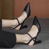 Мода 2025 Летняя обувь для женщин Толстый высокий каблук Сандалии Баотоу Мода Острый носок Мягкая кожа Однотонные Сандалии на каблуке Женские