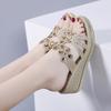 Women's Chunky Heeled Platform Sandals Round Open Toe Slip On Mule Backless Shoes Wedge High Heels Casual Dress Sandal Women Summer Rhinestones Slides