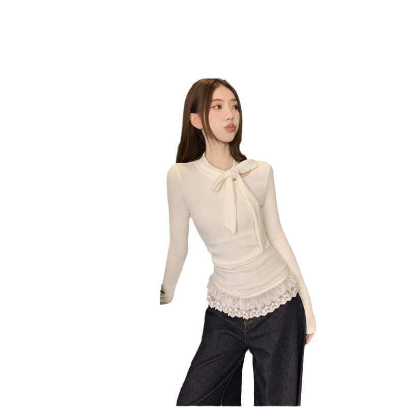 Niche Sexy Bow Длинный рукав кружевной сплайсированный Slim Fit Осенний топ