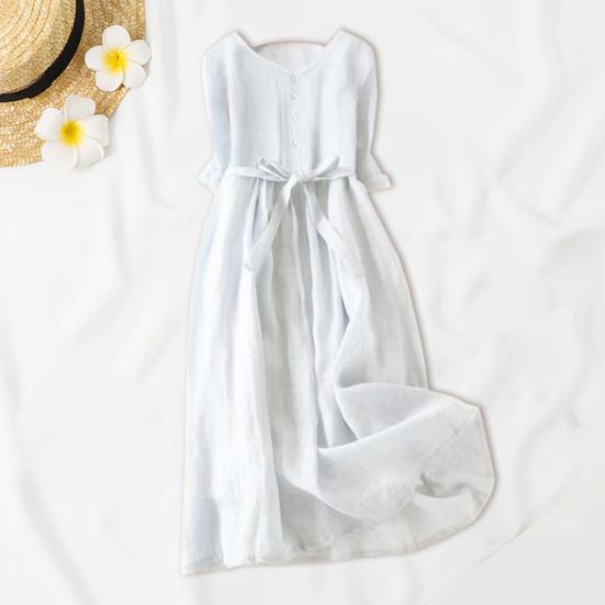 Женское летнее платье с круглым вырезом в стиле ретро, ​​чистый цвет, с короткими рукавами, плиссированное трапециевидное платье с высокой талией и большим подолом, однобортное платье миди для отдыха