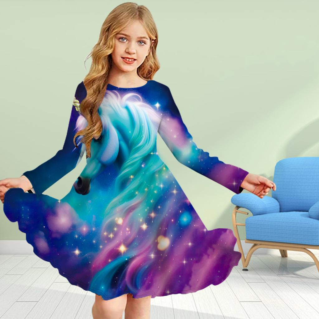 Повседневное платье для девочек с 3D-принтом и единорогом, с круглым вырезом и длинными рукавами, детское платье принцессы