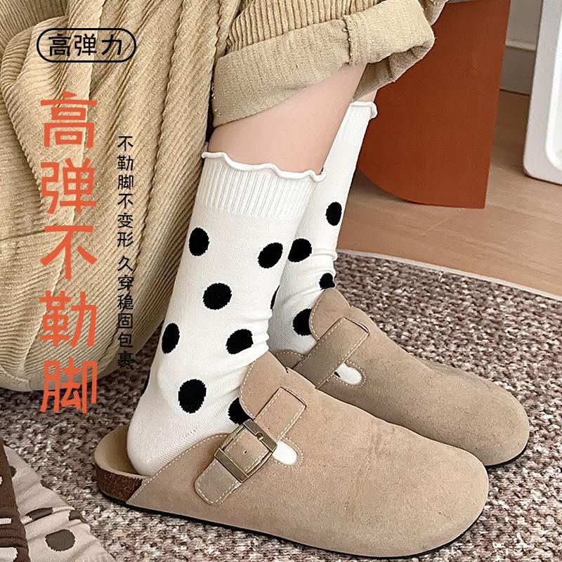 Белые носки в горошек, женские носки средней длины, японские хлопковые носки, кружевные носки, носки Fungus Edge Girl Stacking Socks