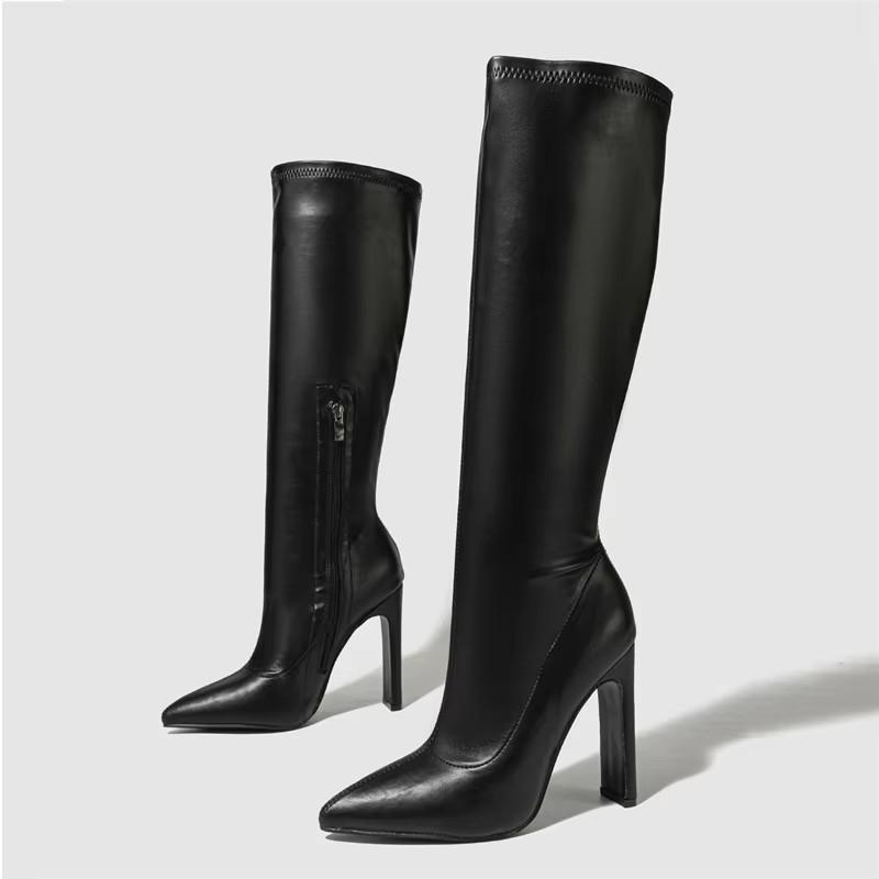 Осень Зима Мягкая Кожа Высокие Каблуки Сапоги до Колена Женская Мода Острый Носок Вечерние Туфли Обувь Zapatos De Mujer