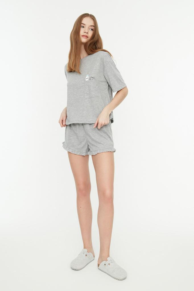 Women's Fashion New Pajama Set Gray Cotton Printed T-shirt-Shorts Knitted Pajama Set