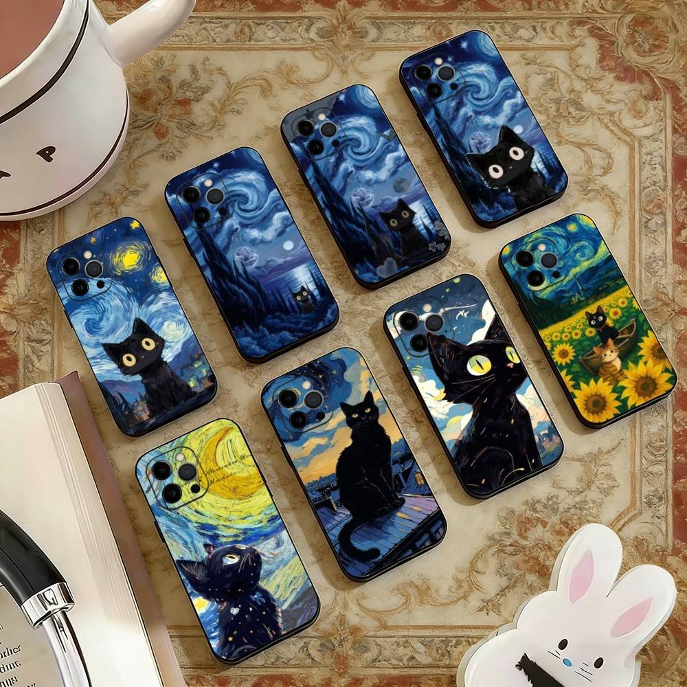 Ван Гог Чиби Кот Чехол для телефона Силиконовый Мягкий Для IPhone 17 16 15 14 13 12 11 X XR Plus Pro Max Plus
