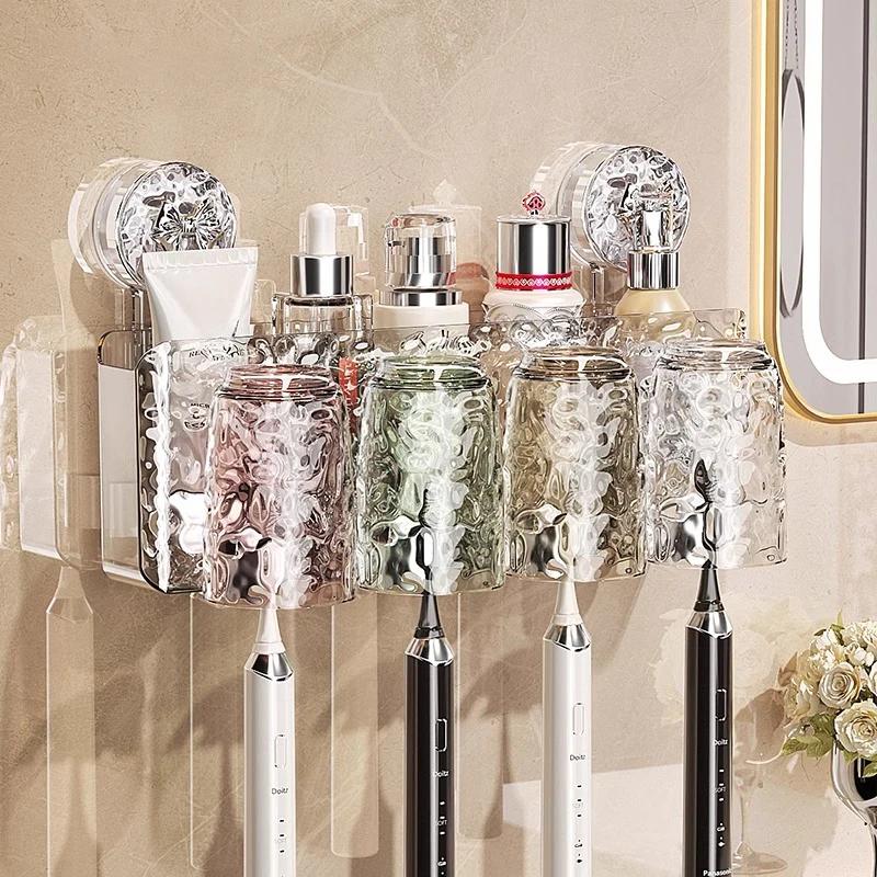 Bathroom Toothbrush Storage Rack Wall Mounted Non Perforated Suction Cup Wash Cup Set Bathroom Storage