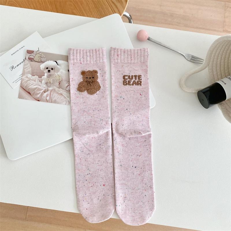 Cartoon Animal AB Letter Flocked Socks, Women's Dot Yarn Pile Socks, Pure Cotton Mid-calf Socks