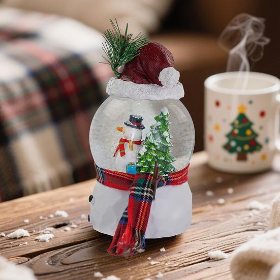 Christmas Faux Crystal Ball Ornament Cartoon Scarf Snowman Snow Ball with Music Box Home Office Holiday Party Desktop Decoration