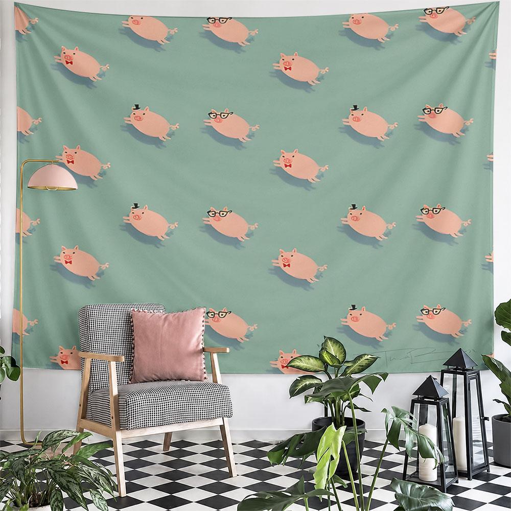 Cute Pink Pigs with Hats and Glasses Pattern Wall Hanging Tapestry Decorative Tapestry Home Decor for Bedroom and Living Room