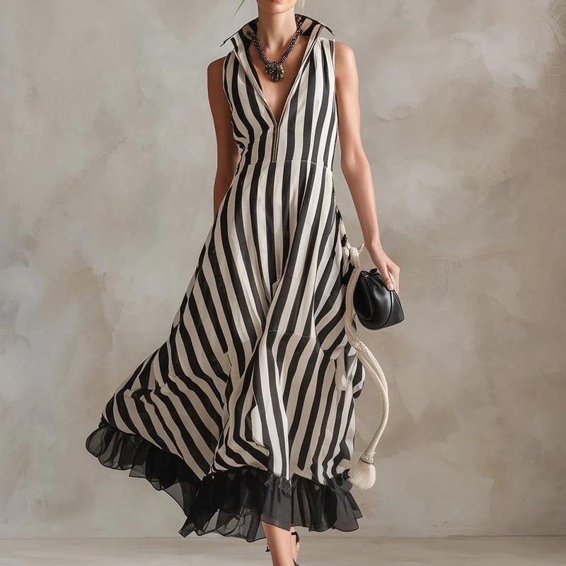 Women's Striped V Neck Sleeveless Maxi Dress Ruffle Hem Loose Summer Vacation Long Dress