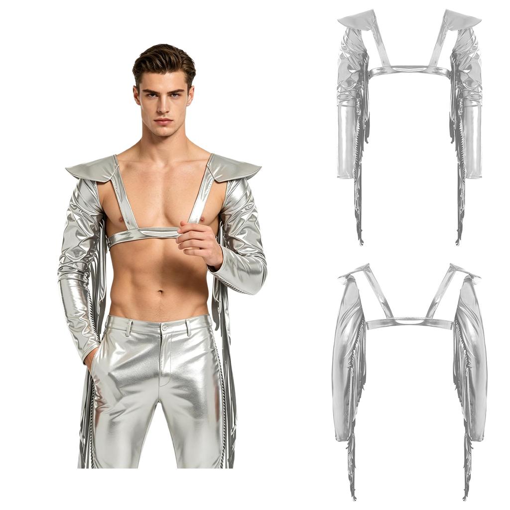 M-3XL Men Metallic Shiny Fringed Arm Sleeves Long Sleeve with Tassels Structured Epaulet Adjustable Chest Harness Club Party Crop Top