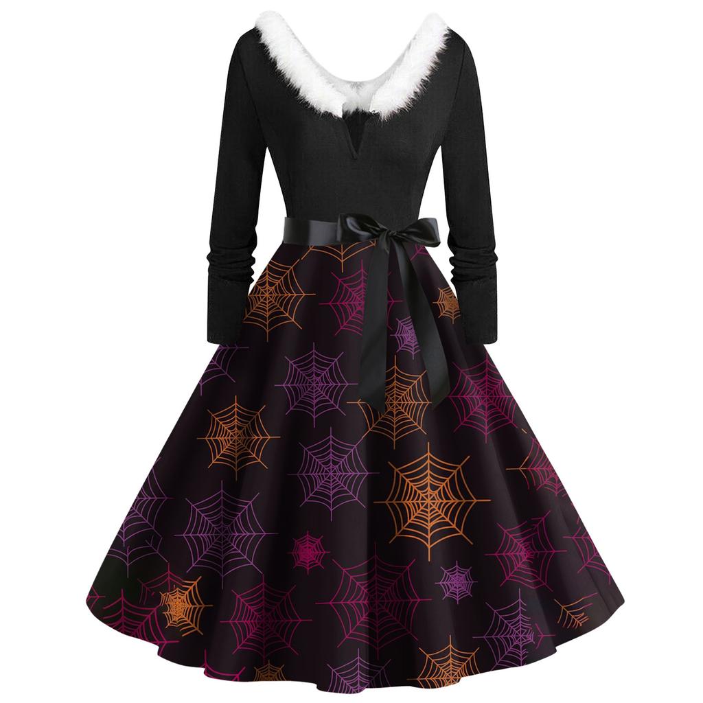 Женские повседневные модные платья с длинными рукавами и v-образным вырезом с принтом на Хэллоуин