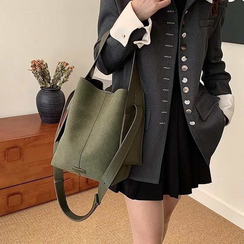Chic Casual Style Soft Touch Bucket Tote Large Suede Ear Strap Shoulder Bag