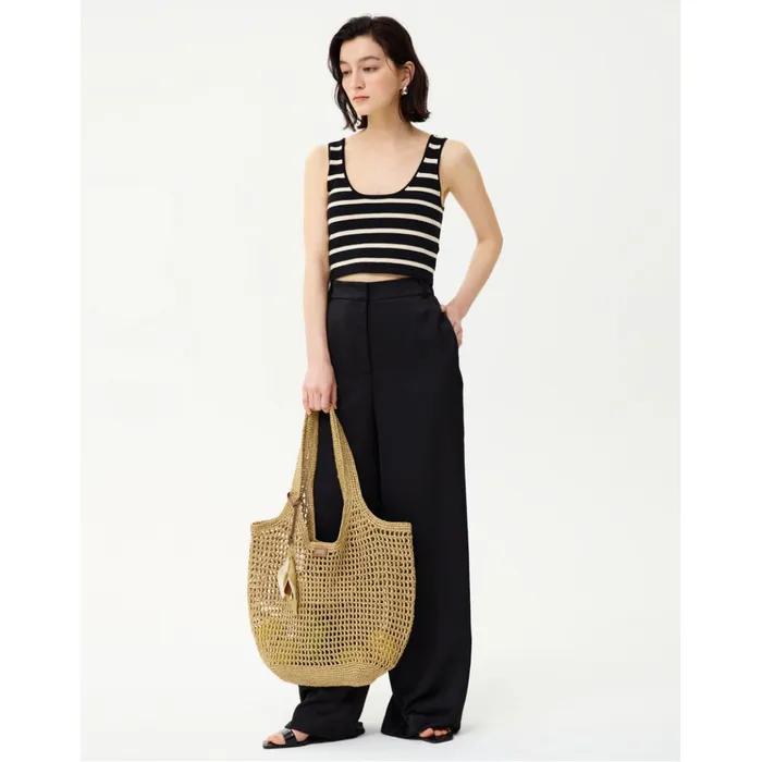 Beige Raffia Twisted Mesh Shoulder Bag L DCBA6E580I2