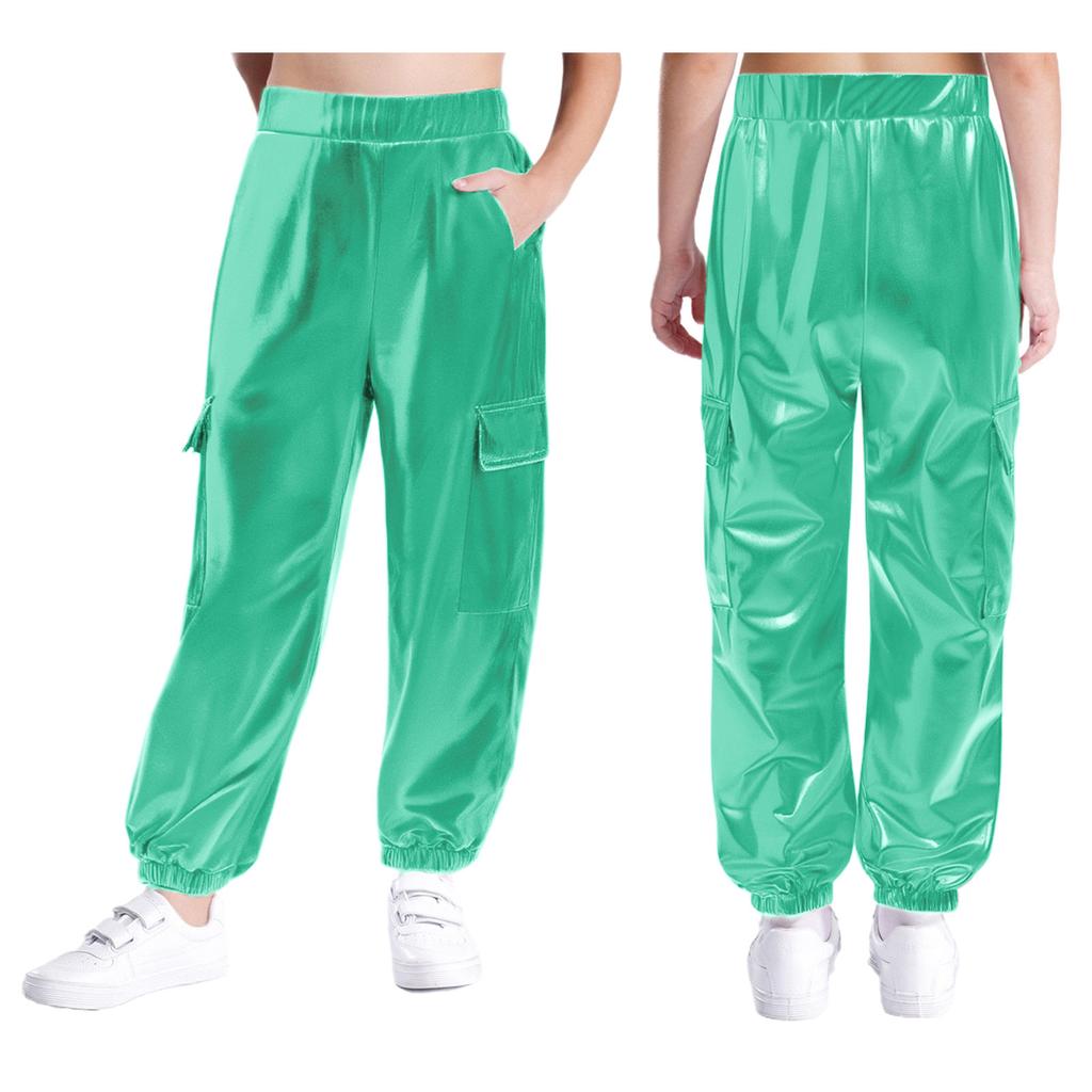 Детские блестящие танцевальные брюки унисекс с металлическим блеском и эластичной талией, с функциональными карманами, сценический наряд