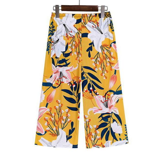 2 Pcs/Set Women Vest Pants Set Flower Print Round Neck Sleeveless Loose Pleated Elastic Waist Wide Leg Casual Homewear Mid-aged Mother Pajamas Set