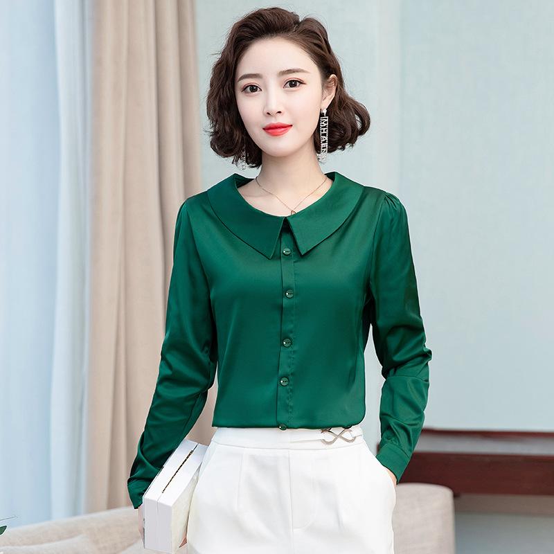 Новая осенняя рубашка с длинными рукавами из сатина с кукольным воротником для женщин, красная универсальная модная рубашка