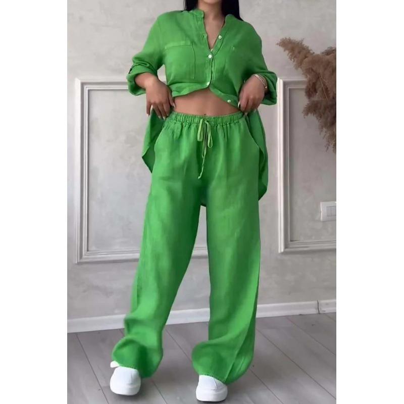 Женский однотонный комплект из рубашки с длинным рукавом и брюк клеш 2024