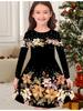 Girls' Autumn and Winter Fashion Dress, 3D Flower Print Round Neck Long Children's T-shirt Dress, Casual Versatile, Christmas Clothing