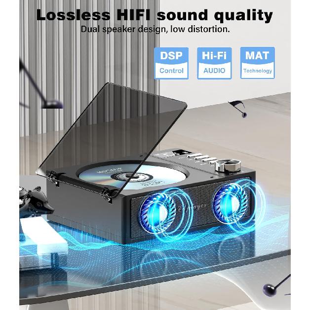 Portable CD Player With Bluetooth 5.3 4000mAh Rejected CD Player With Remote Control, FM Radio, Speakers, Supports USB, TF, AUX, Optical Input