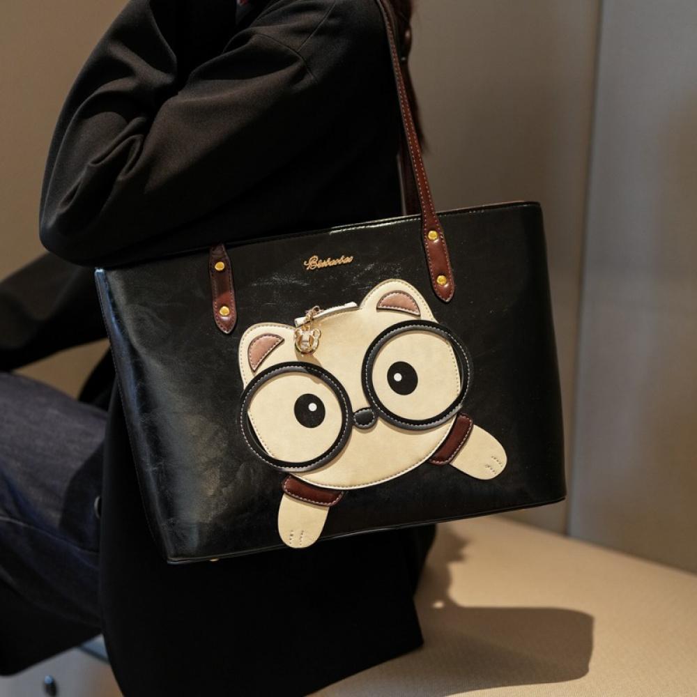 Women'S Large Capacity Red Tote Bag With Cute Panda Face Heart Cutouts Casual Outing Bridal Party Accessory Playful Design Fashion Handbag Lovers