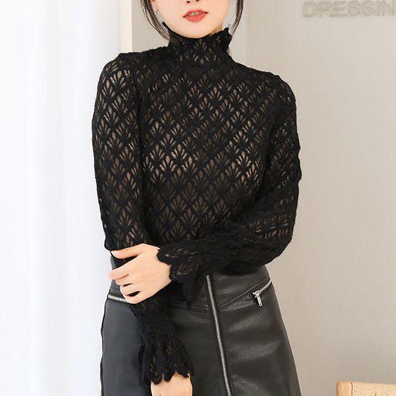 Qooth Женская рубашка с кружевной подкладкой и половиной высокого воротника, элегантная винтажная рубашка с сетчатым низом и длинным рукавом QT1993