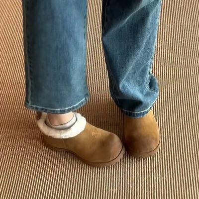 Толстая подошва, внутренняя высота увеличивает один педаль 2025 осень и зима пушистая обувь большая голова ретро вельвет биркенштоки женская верхняя одежда зимние ботинки