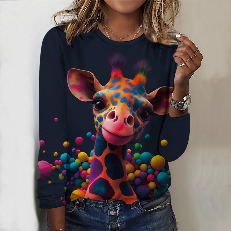 Топы для женщин с принтом радужного жирафа, круглым вырезом и длинным рукавом, футболка, осенний повседневный тонкий пуловер, женский топ с длинным рукавом