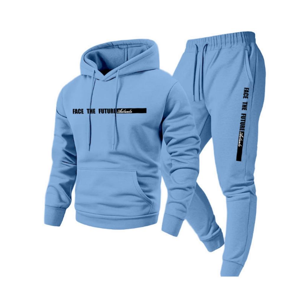 Men's Casual Solid Color Letter-printed Sweatshirt Set, Men's Fleece Hooded Drawstring Sweatshirt And Sweatpants Two-piece Set