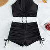 2Pcs/Set Women Summer Bikini Set Hollow Out Halter Bra High Waist Side Drawstring Swimming Trunks Set Bathing Suit Beachwear