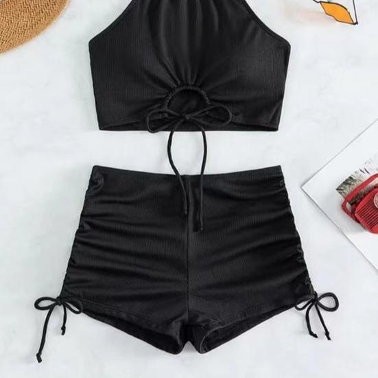 2Pcs/Set Women Summer Bikini Set Hollow Out Halter Bra High Waist Side Drawstring Swimming Trunks Set Bathing Suit Beachwear