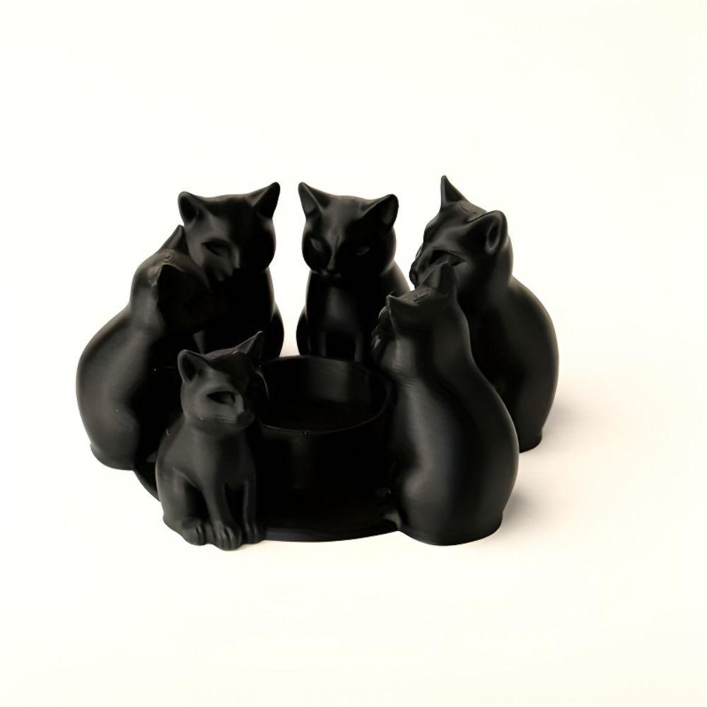 Черный Кот Кольцо Подсвечник Сидящий Дизайн 3D Печатный Держатель для Свечей Набор из 6 Штук Стильные Акценты Кошачий Орнамент