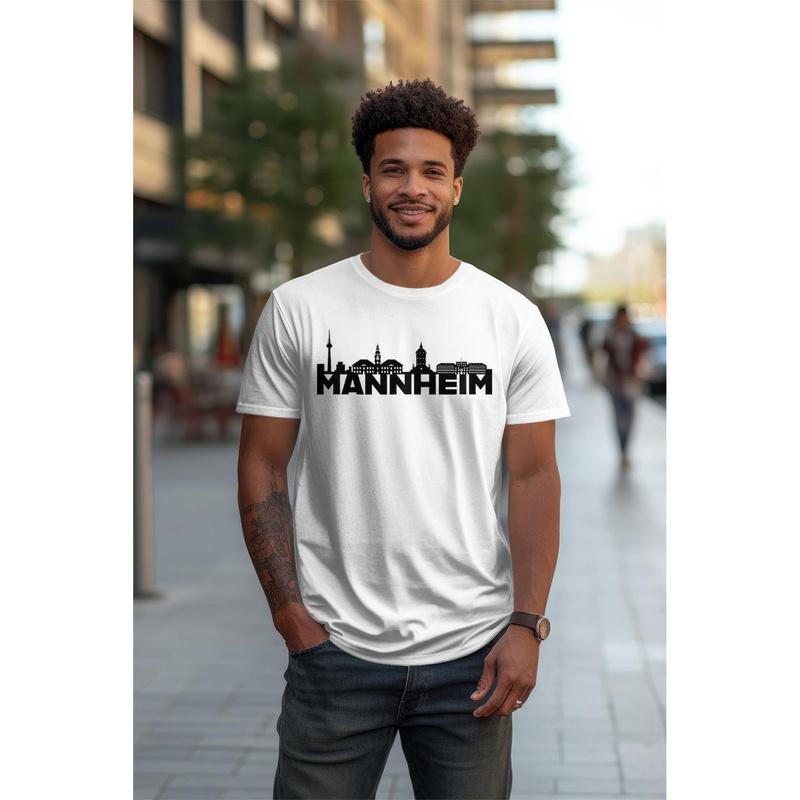 Mannheim Germany City Skyline Silhouette Outline Sketch T- Shirt, Black Tee Unisex For Man Gift Cottoned
