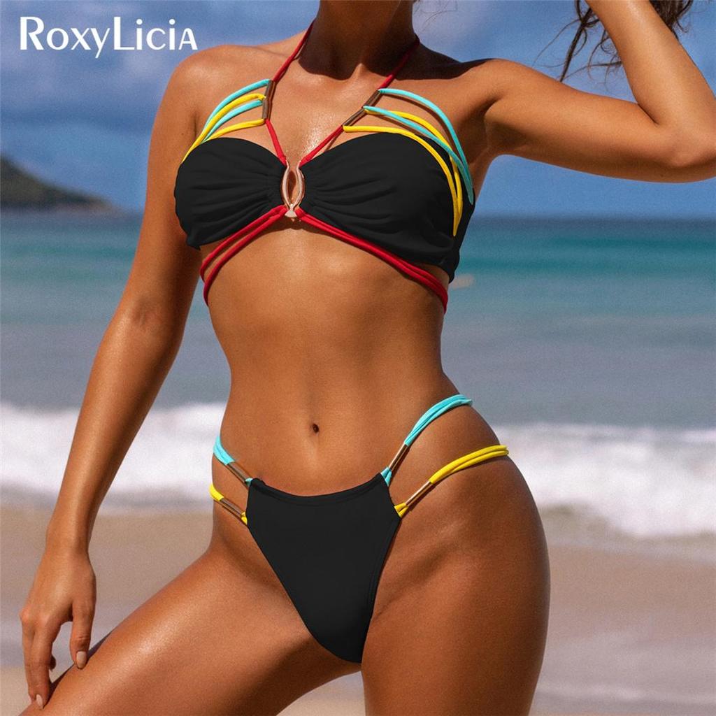 Сращивание Холтер с высоким вырезом и ремешками, женский купальник, женский купальник, комплект бикини из двух частей, купальный костюм, купальный костюм