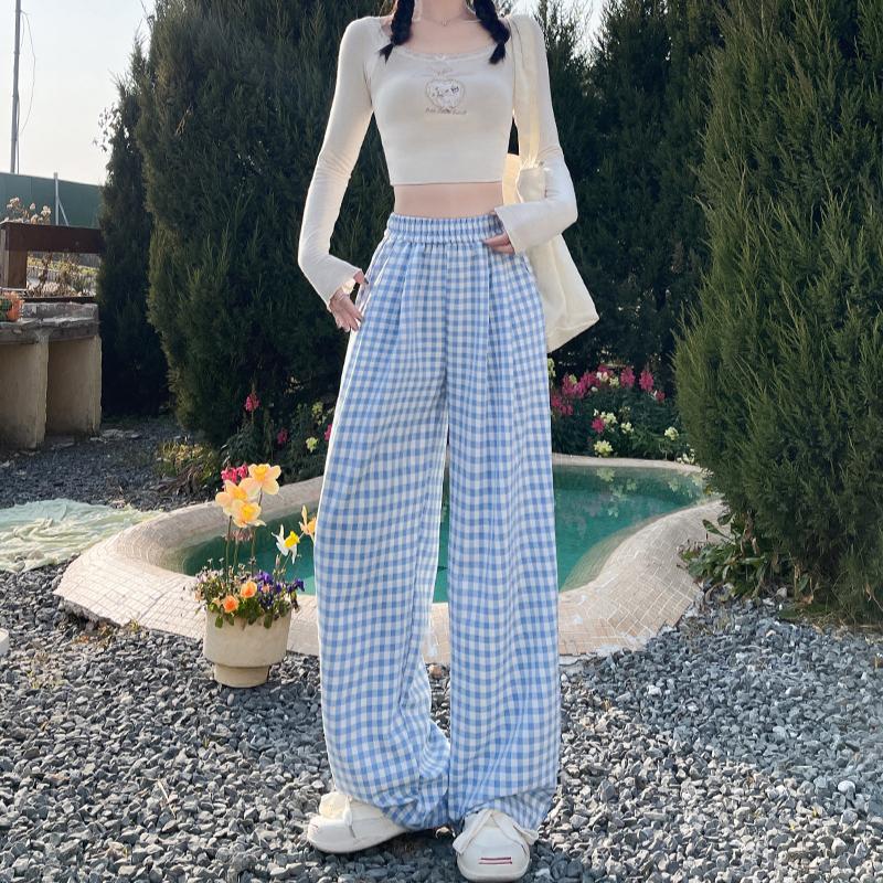 Women's Summer Dopamine Relaxed Lazy Thin High-End Contrast Color Plaid Straight-Leg Drapey Casual Wide-Leg Pants