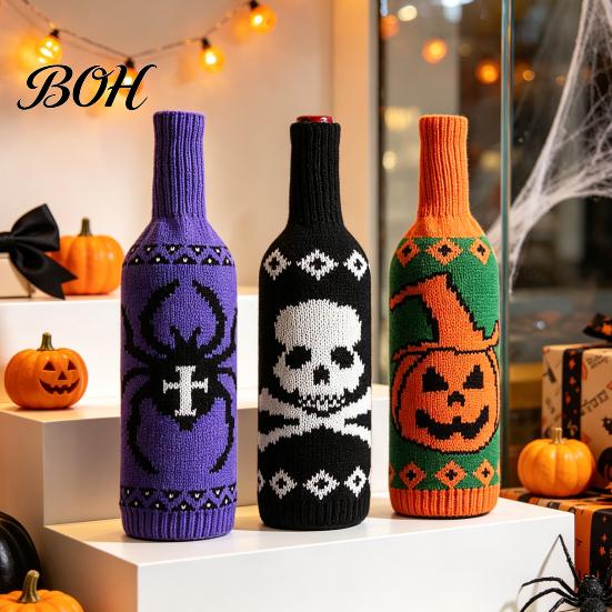 Spooky Party Table Decorations Halloween Wine Bottle Sweater, Reusable Knitted Champagne Cover, Pumpkin Skull Skeleton Pattern Decor Spider