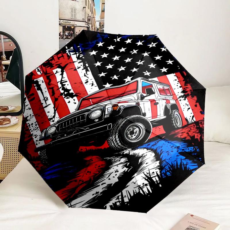 Liberty Statue With American Flag Automatic Folding Umbrella - 8-Rib Travel Umbrella with Auto Portable Case, Ideal Gift for Birthdays