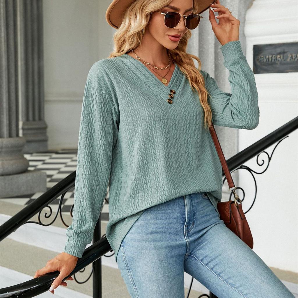 HNXC Женские модные повседневные осенне-зимние однотонные блузки и рубашки с v-образным вырезом и длинным рукавом с принтом